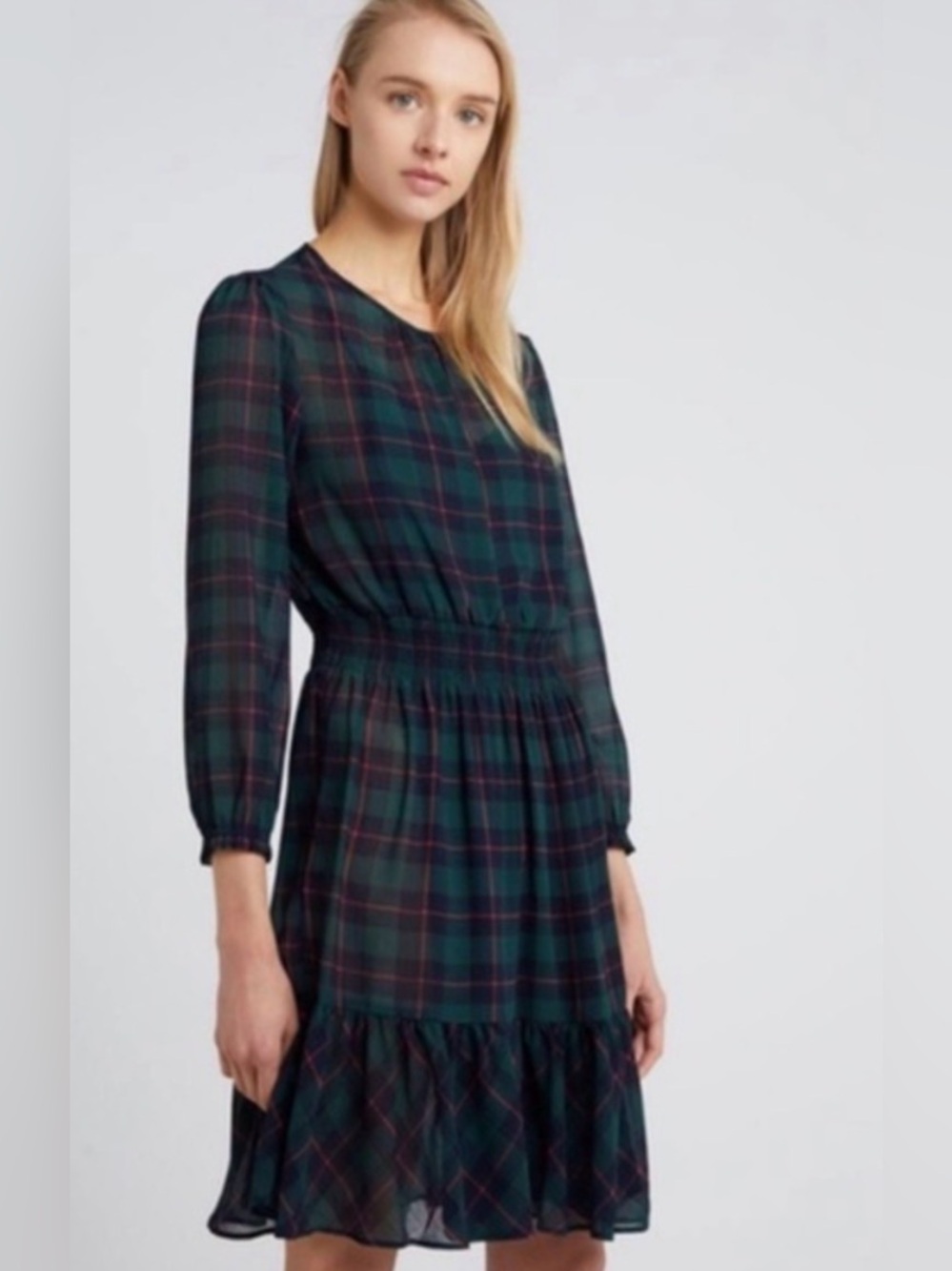 J. Crew Dark Green Plaid Long-Sleeve Tiered Dress Womenβs Size M